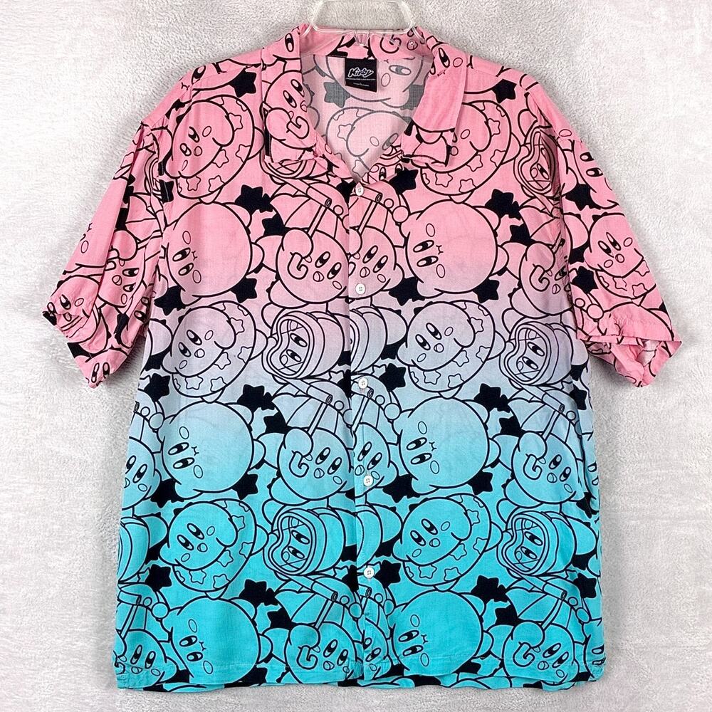 Nintendo Kirby Shirt Men L Blue Pink Rayon Hawaiian Aloha Camp Tropical Beach